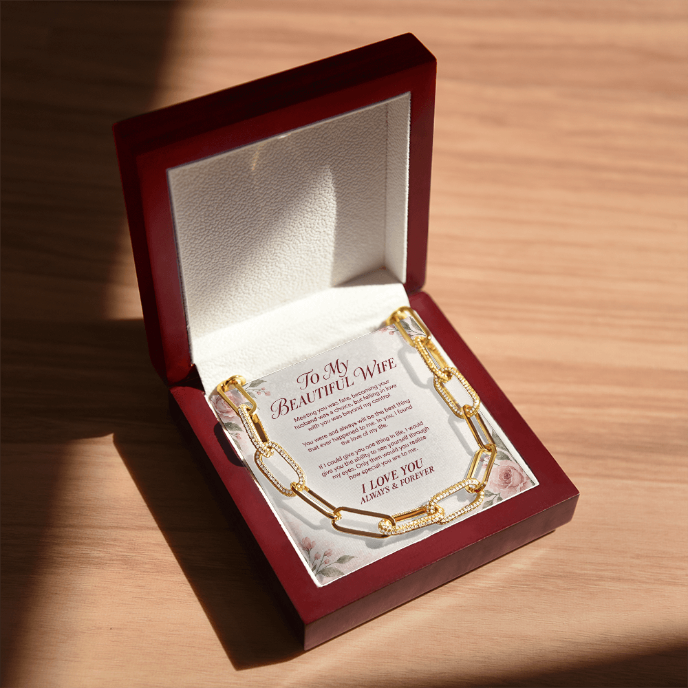 To My Beautiful Wife – Forever Linked CZ Paperclip Necklace Gift Set.