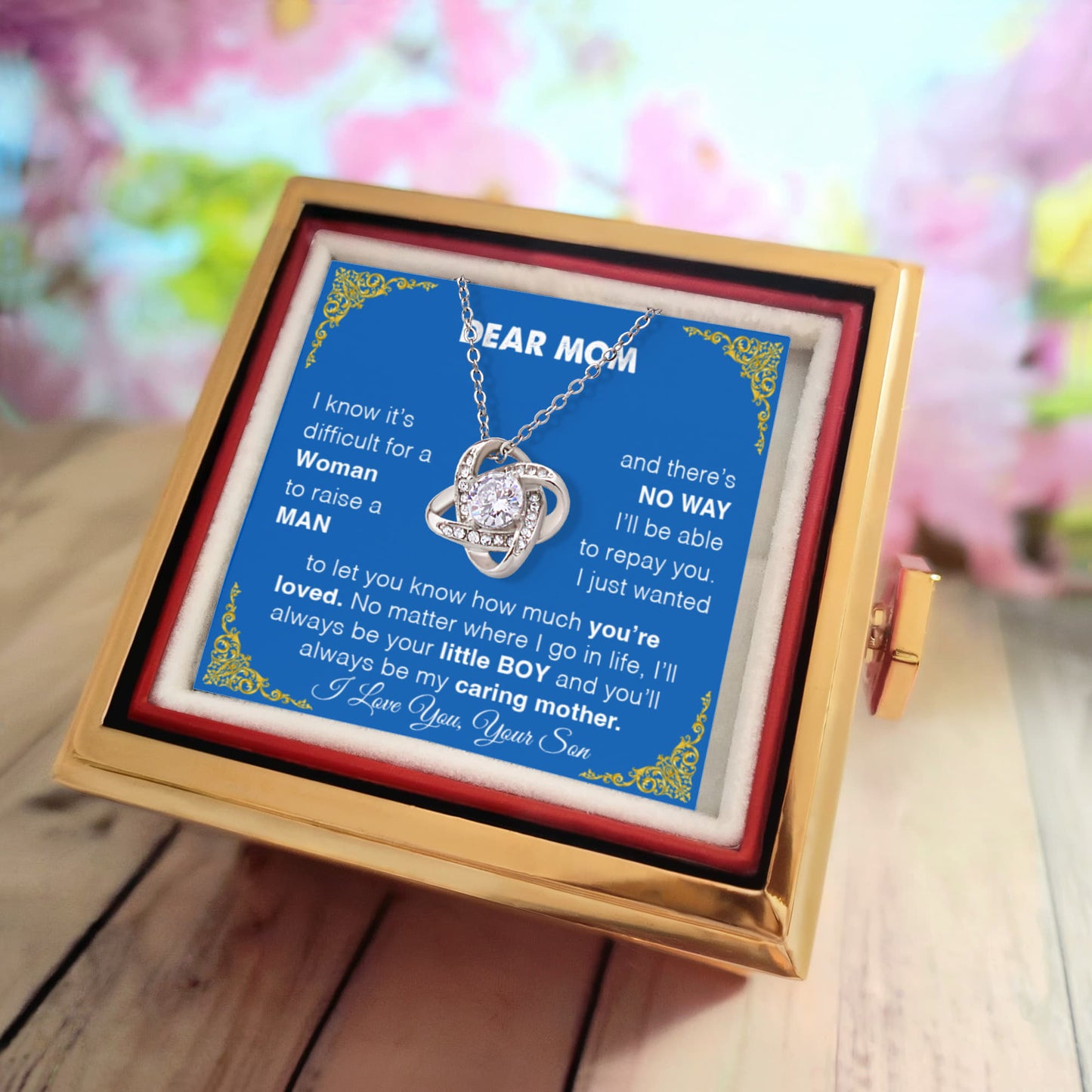 "Dear Mom" Necklace in Luxurious Gift Box with Preserved Red Rose.