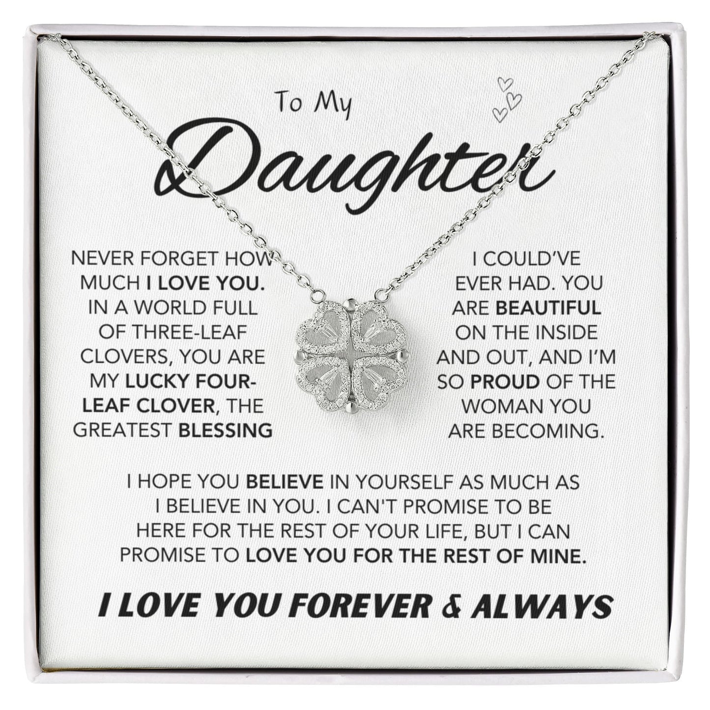 Daughter's Lucky Clover Necklace & Forever Rose Keepsake Gift Set.