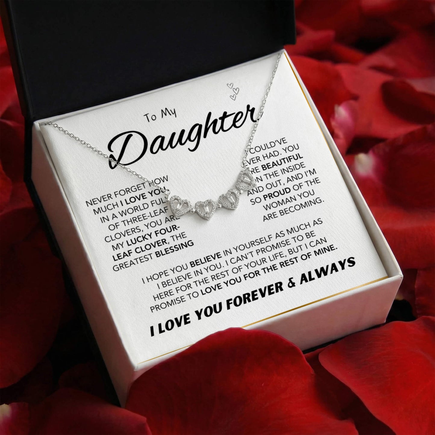 Daughter's Lucky Clover Necklace & Forever Rose Keepsake Gift Set.