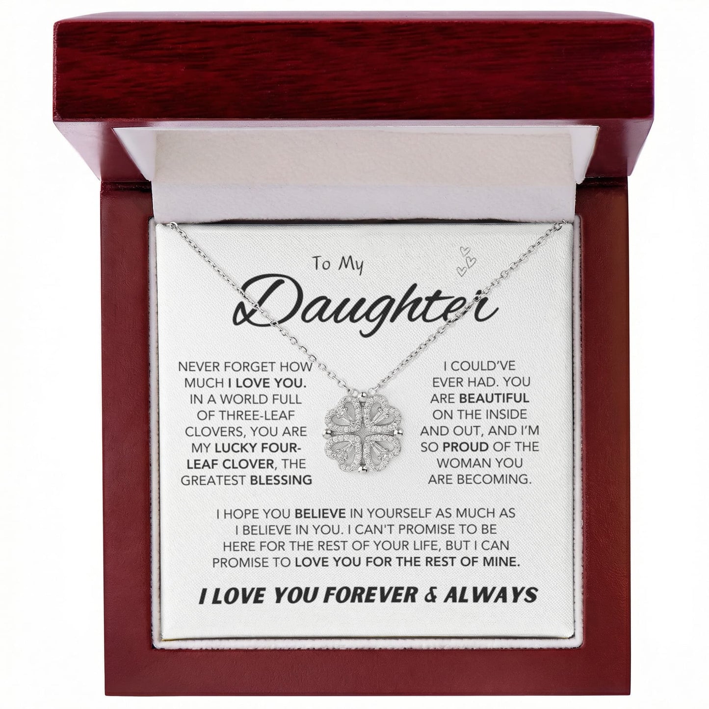 Daughter's Lucky Clover Necklace & Forever Rose Keepsake Gift Set.