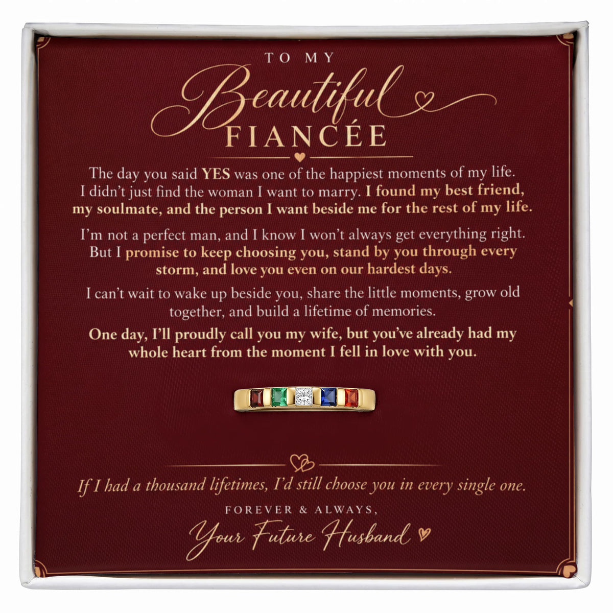 To My Beautiful Fiancée – Personalized Birthstone Ring with Romantic Message Card.