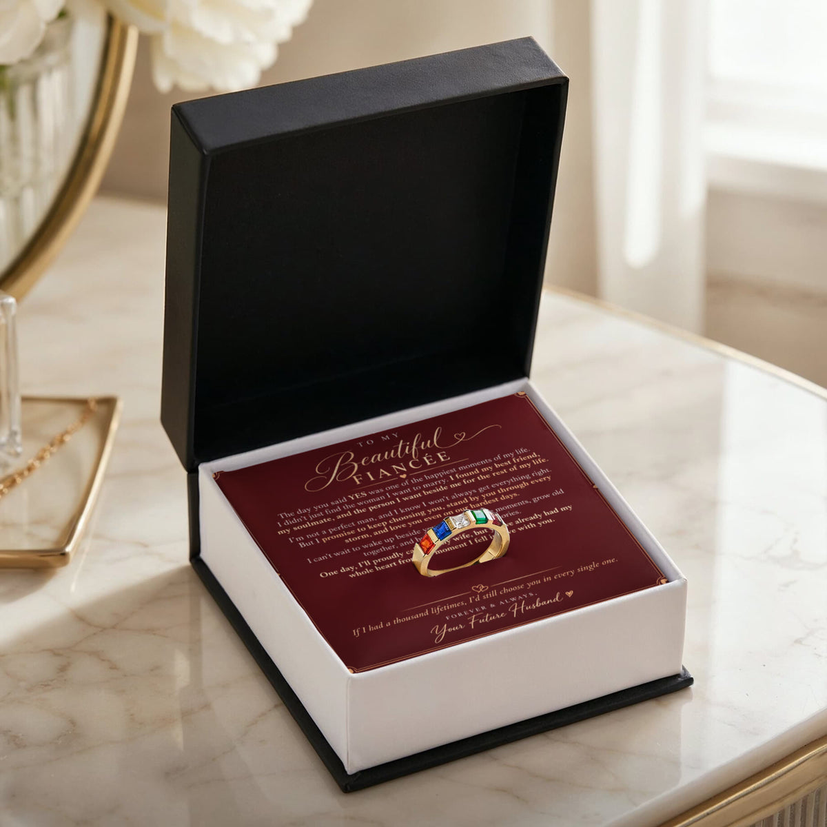 To My Beautiful Fiancée – Personalized Birthstone Ring with Romantic Message Card.