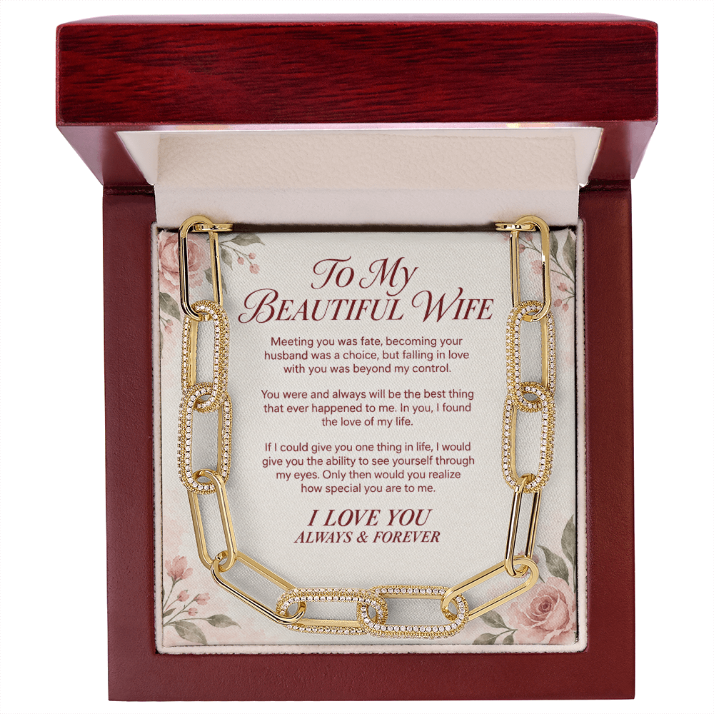 To My Beautiful Wife – Forever Linked CZ Paperclip Necklace Gift Set.