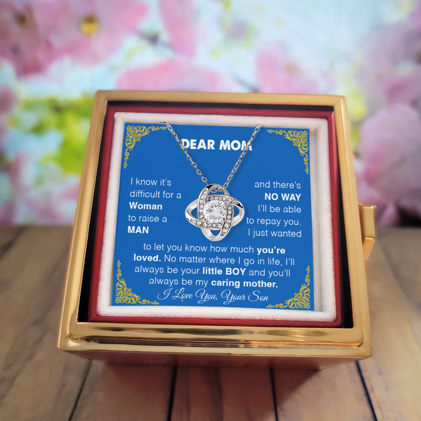 "Dear Mom" Necklace in Luxurious Gift Box with Preserved Red Rose.