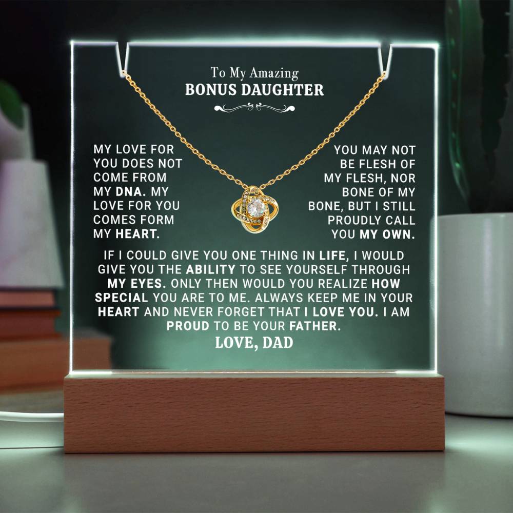 TO MY AMAZING BONUS DAUGHTER | KEEPSAKE ACRYLIC AND LOVE KNOT NECKLACE BUNDLE.